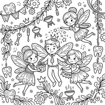 Dive into a heartwarming scene where benevolent Tooth Fairies celebrate Father's Day in a truly magical way. This delightful coloring page features a special dad Tooth Fairy surrounded by love and festive decorations.
