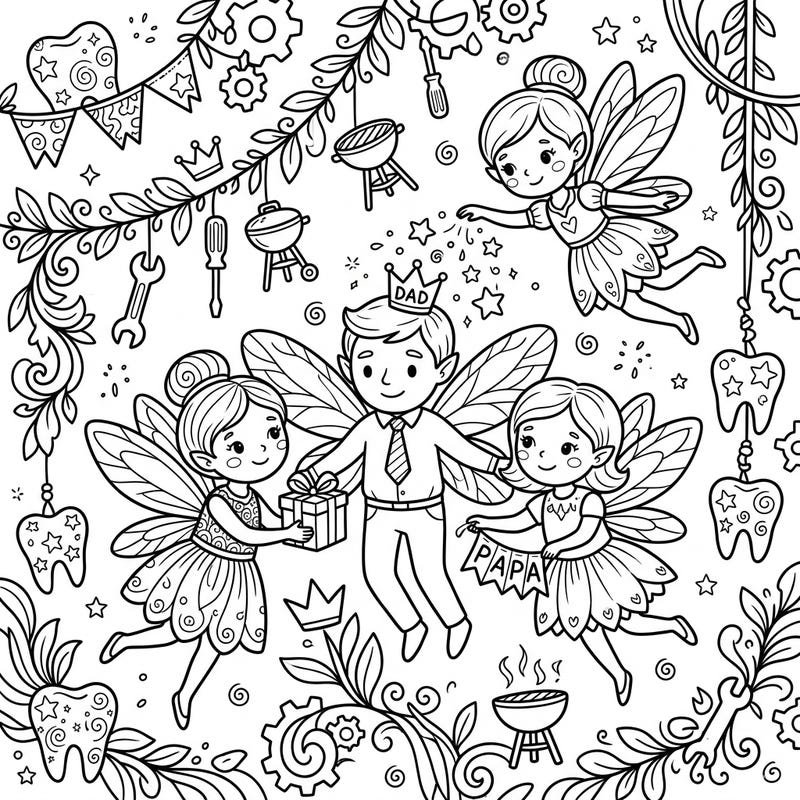 Dive into a heartwarming scene where benevolent Tooth Fairies celebrate Father's Day in a truly magical way. This delightful coloring page features a special dad Tooth Fairy surrounded by love and festive decorations.