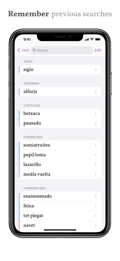 Search history screen in the moti app showing a list of vocabulary words organized by date.
