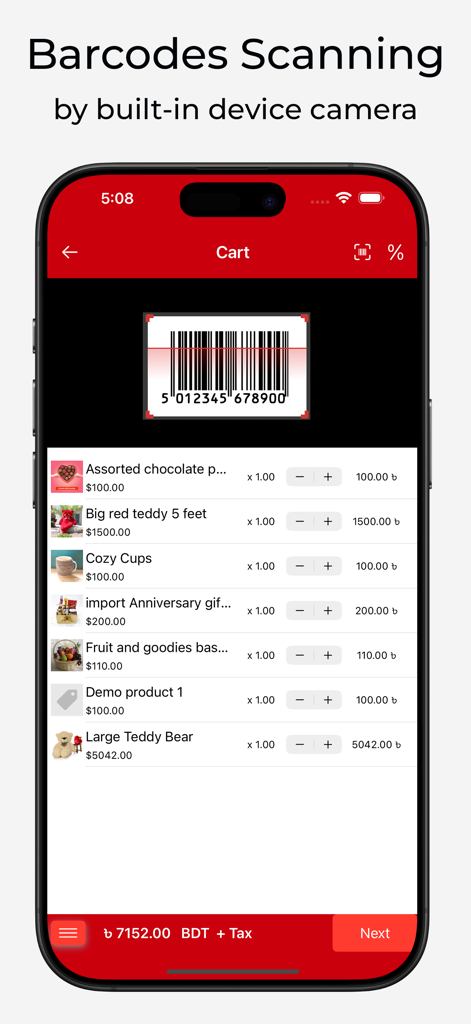 Nexchar POS - Nexchar POS app interface showing barcode scanning with a smartphone camera and an itemized shopping cart list