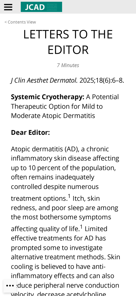 Digital view of a peer-reviewed article in the JCAD app regarding systemic cryotherapy for atopic dermatitis.