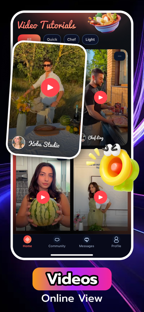 Interfaz de la aplicación Kobu que muestra un feed de tutoriales de video de cocina verticales y contenido social