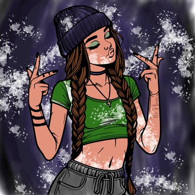 realistic teenage girl with braids and a beanie and crop top doing 🫶🏼