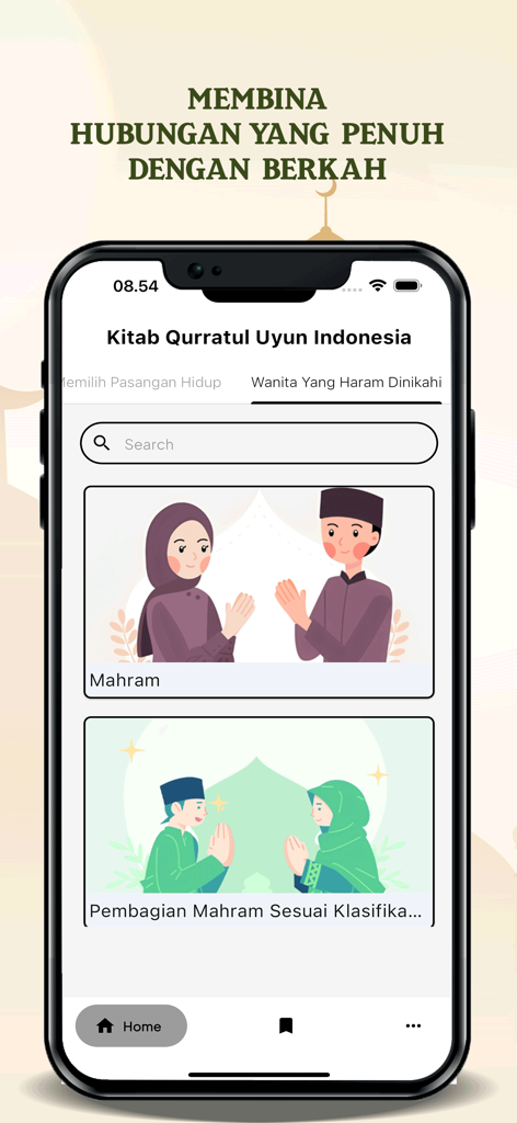 Kitab Qurratul Uyun Indonesia - Mobile app screen showing Islamic marriage guidance and mahram classifications in Indonesian.
