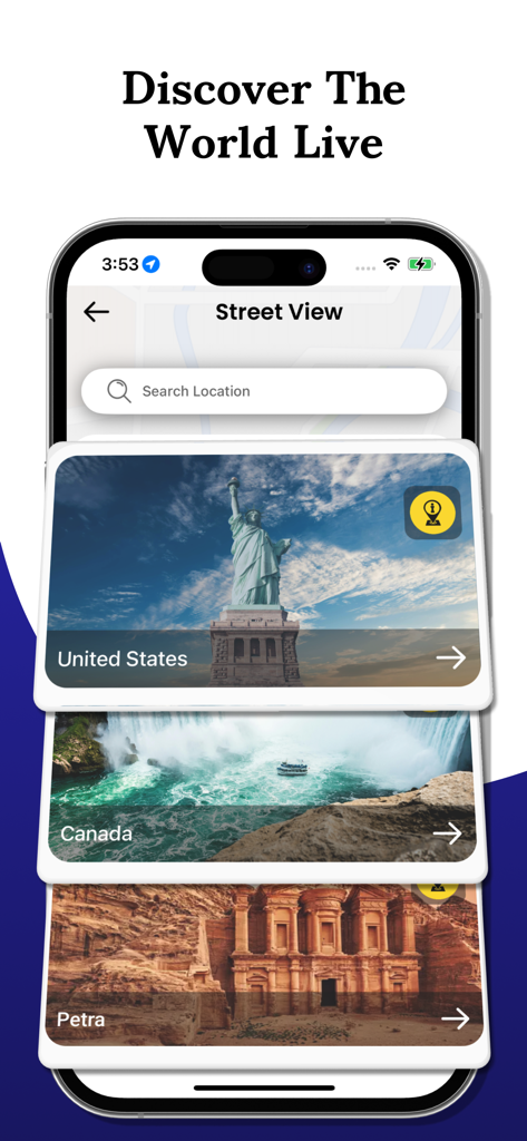 Live Earth Maps 3D GPS View - Interfaccia dell'app mobile che mostra le opzioni di vista stradale per gli Stati Uniti, il Canada e Petra con il testo Scopri il Mondo Live.