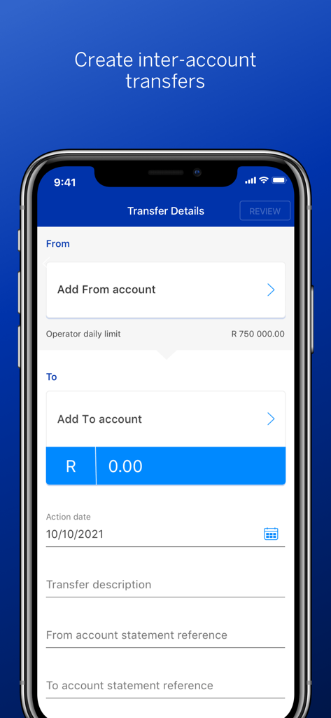 Interface de l'application mobile Business Online SA pour créer des virements inter-comptes