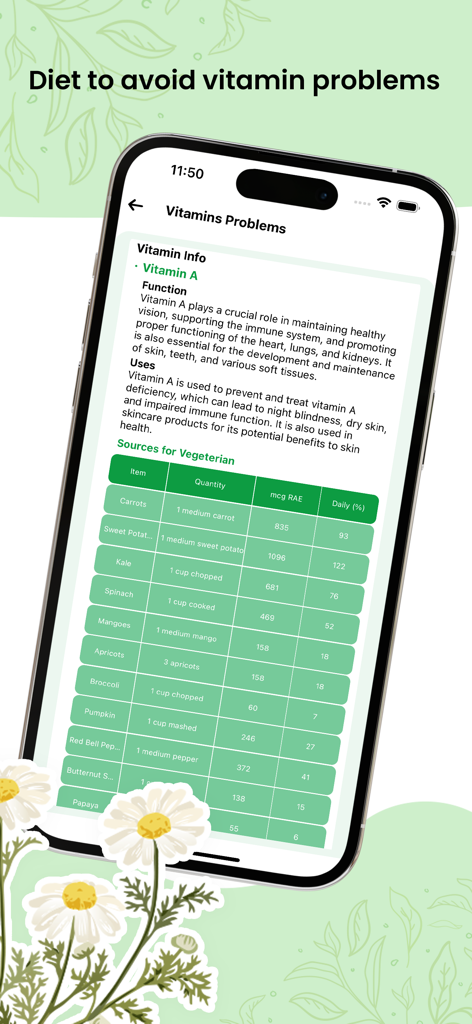 Herbal Natural Care - Ayurveda - ビタミンAの利点と栄養価を持つベジタリアン食品源の表を表示するモバイルアプリ画面。