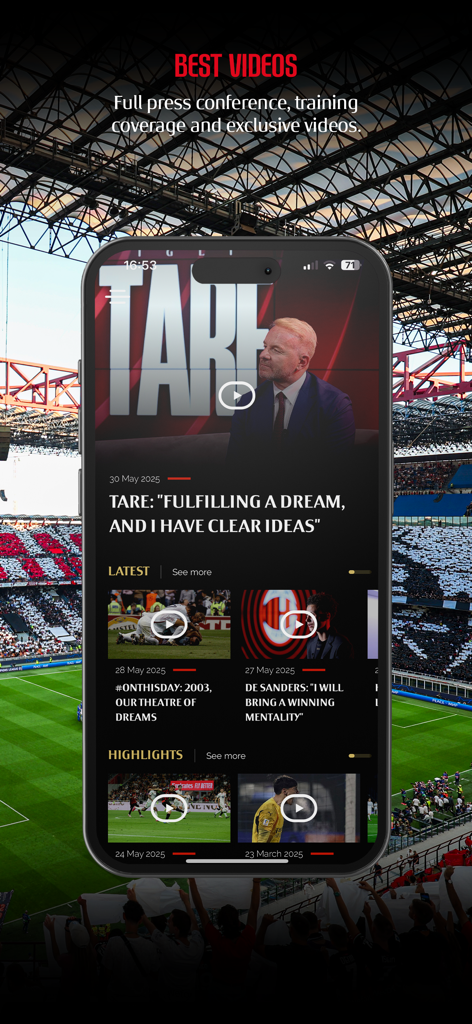 Interface of the AC Milan official app showing the video section with highlights and press conferences