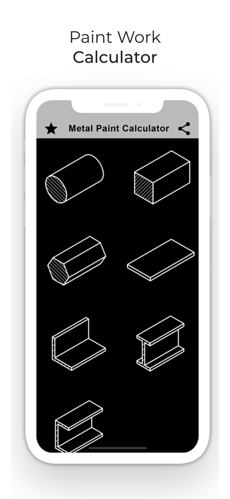Metal Steel Paint calculator - Interface de l'application Calculateur de Peinture pour Métal montrant diverses formes d'acier structurel comme des poutres et des tubes pour le calcul de surface