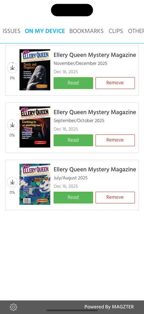 Ellery Queen Mystery Magazine - The On My Device screen of the Ellery Queen Mystery Magazine app showing a list of downloaded issues with read and remove buttons