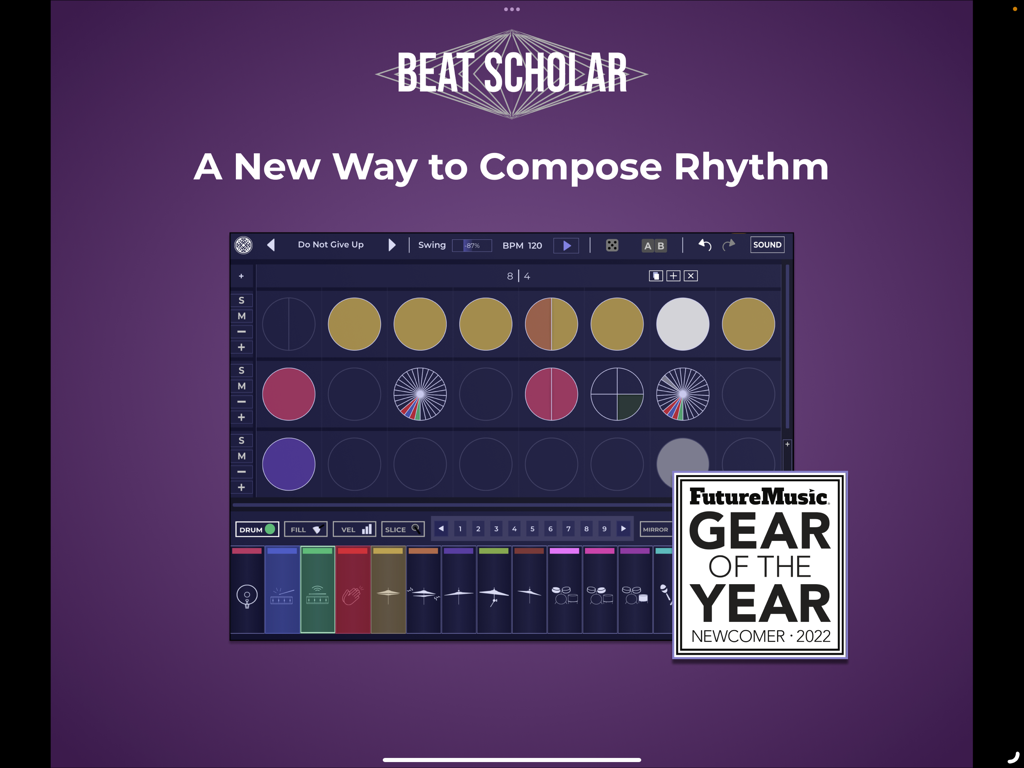 Beat Scholar Mobile - Interface of the Beat Scholar Mobile app showing a circular rhythm sequencer and the FutureMusic Gear of the Year award badge.