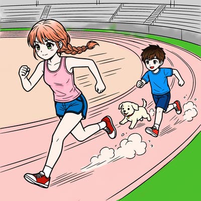 anime girl with braids and tank top and shorts on and ￼running fast across a racing track and a anime boy and puppy following her