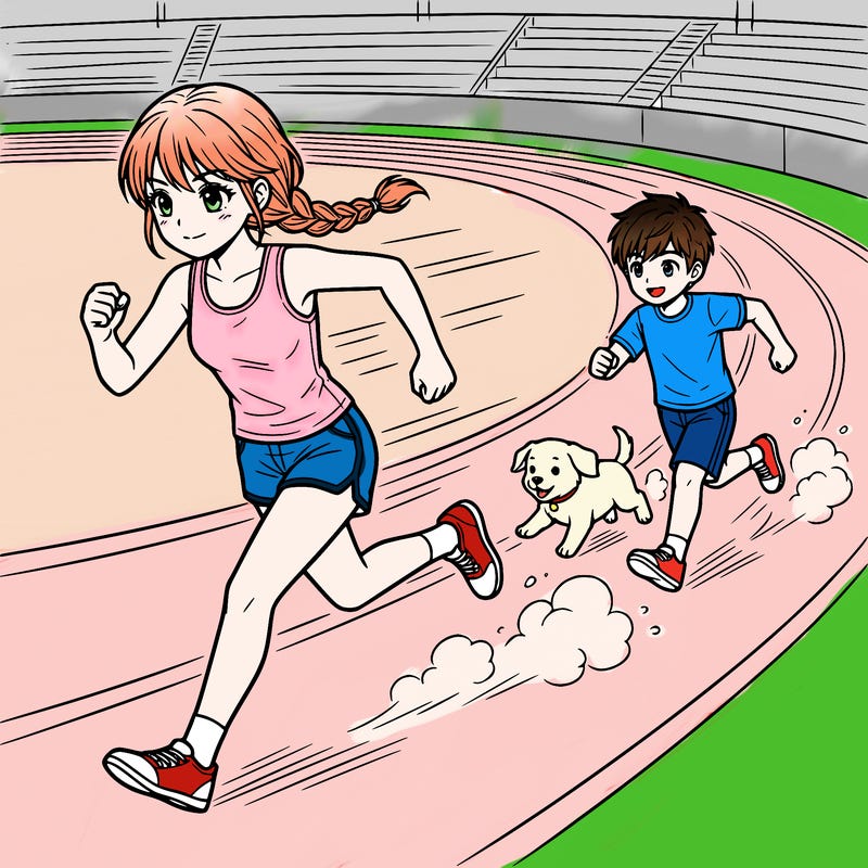 anime girl with braids and tank top and shorts on and ￼running fast across a racing track and a anime boy and puppy following her