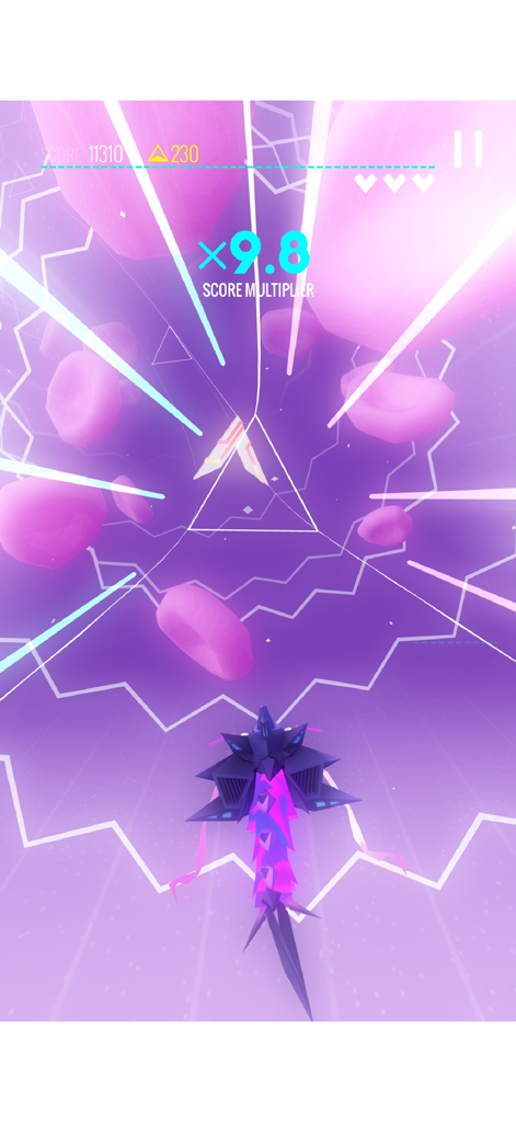 A spaceship flying through a vibrant purple neon tunnel in the Avicii Gravity HD rhythm game