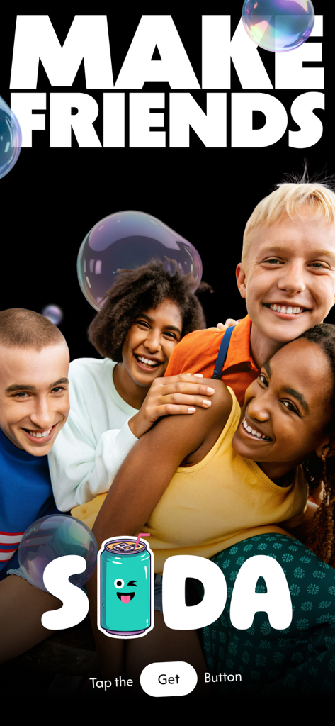 Soda: Make New Friends - A diverse group of smiling young friends on the Soda app splash screen with the text Make Friends