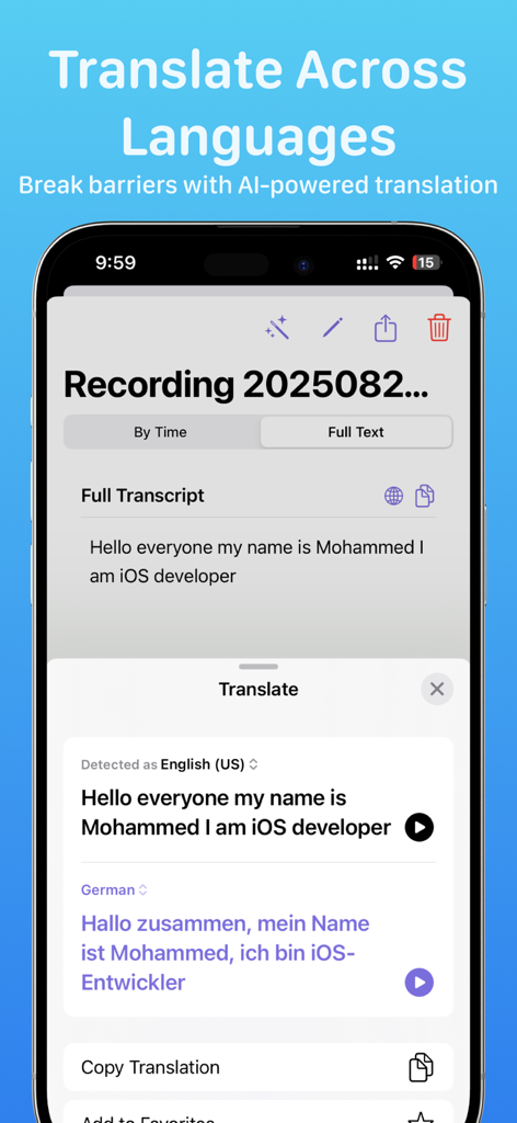 Interfaz de la aplicación Speakly AI que muestra una transcripción de voz siendo traducida del inglés al alemán
