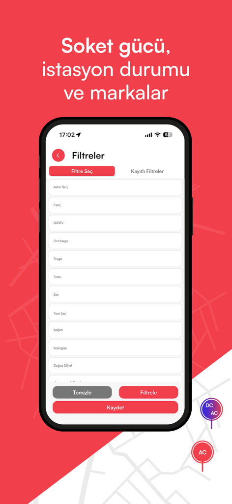 A mobile screen from the Voltla app showing various EV charging station brand filters like Tesla, Zes, and Eşarj.