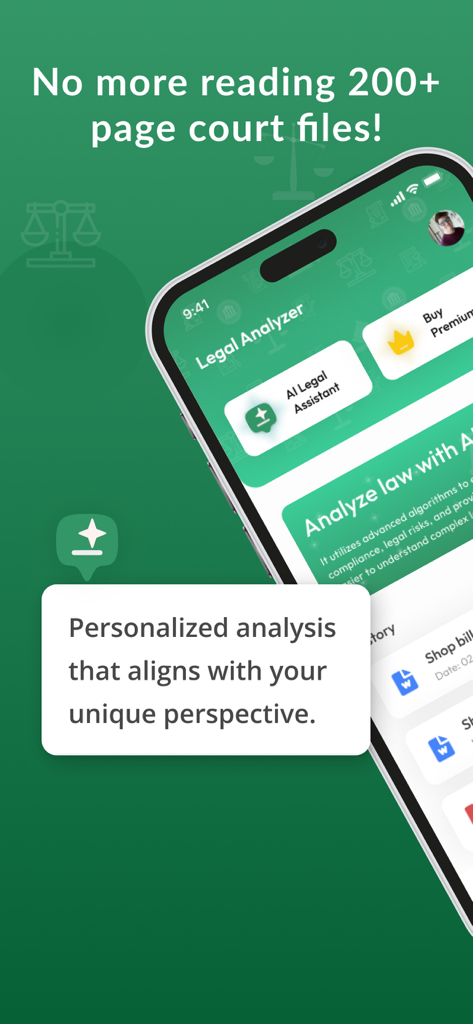 AI Legal Case Analyzer app interface on a mobile phone displaying personalized legal analysis features