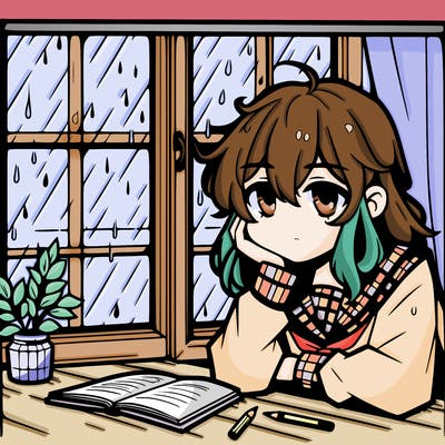 a anime girl who’s tired sitting by a window with rain outside the window