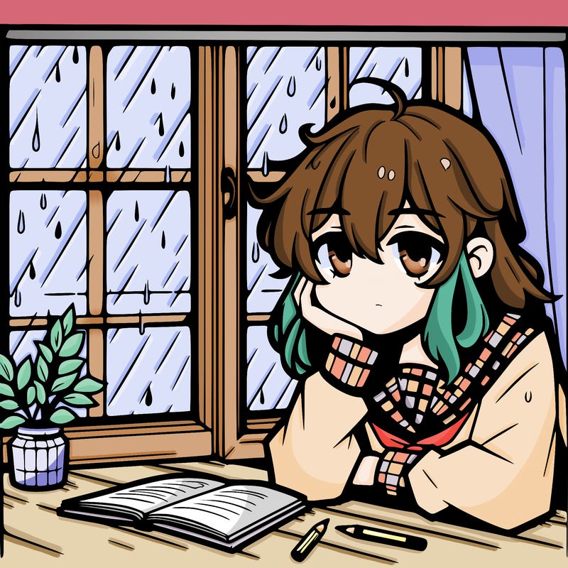 a anime girl who’s tired sitting by a window with rain outside the window
