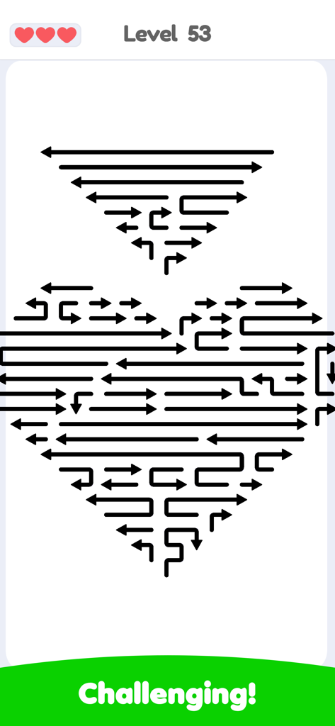 Gameplay screenshot of Arrows Escape Puzzle showing a complex logic challenge with minimalist black arrows on level 53.