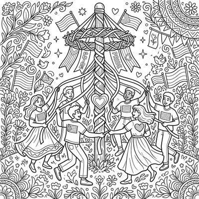 Immerse yourself in the joyful spirit of unity with this enchanting Maypole Dance coloring page, celebrating Pride Month. Discover a vibrant scene of dancers intertwining ribbons, adorned with symbols of love and diversity, ready for your creative touch.