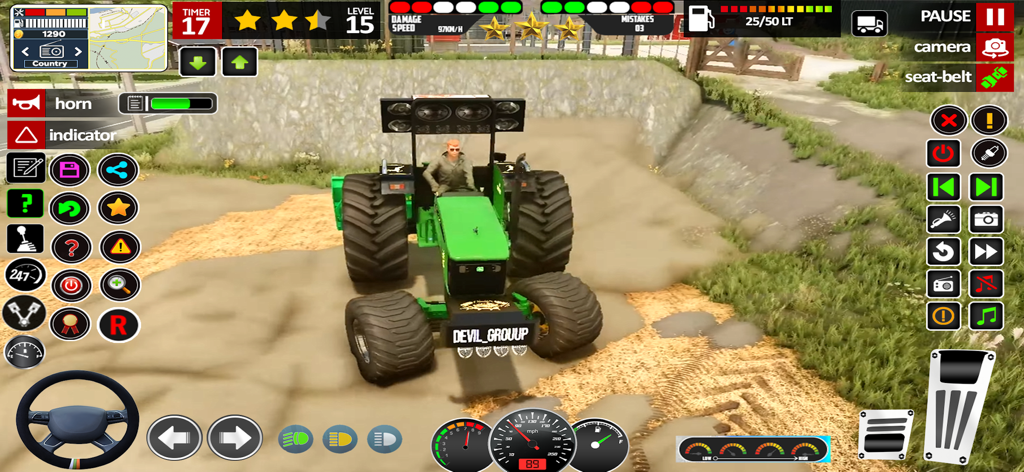 Tractor Games: Tractor Driving - A green tractor driving through a rural landscape in a farming simulation game with on-screen controls.