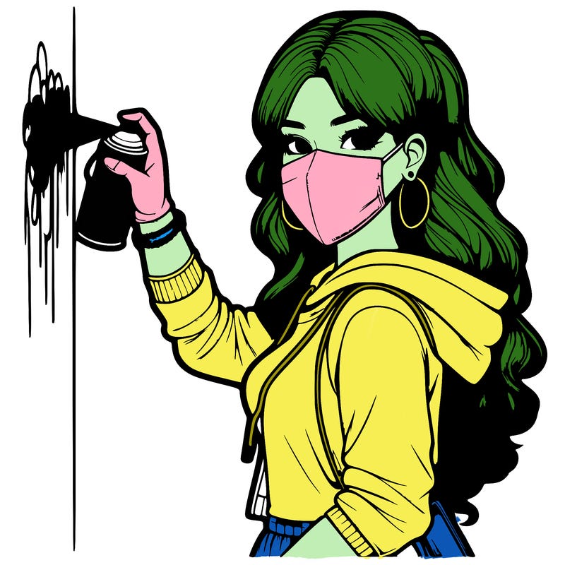 realistic girl with mask spray painting a wall