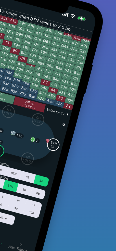 GTO Preflop - GTO Preflop poker app interface displaying a detailed preflop range chart and table visualization for optimal strategy