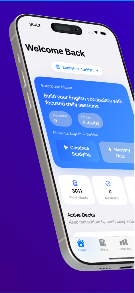 3000 Words Learn English Daily - Home screen of the 3000 Words app showing English to Turkish vocabulary study progress and mastery quiz options.