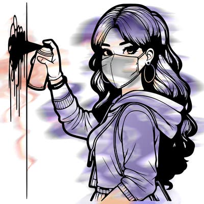 realistic girl with mask spray painting a wall