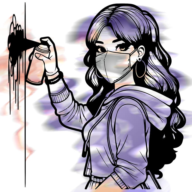 realistic girl with mask spray painting a wall