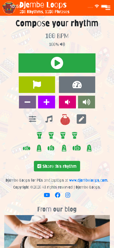 Interfaz de la aplicación Djembe Loops para componer ritmos con controles de BPM e íconos de tambores de África Occidental