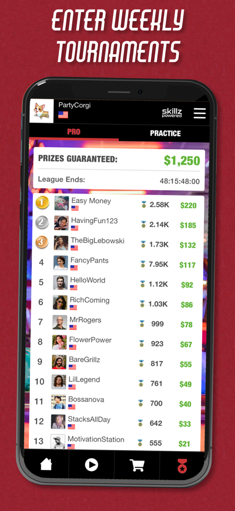 A leaderboard for a weekly tournament in the Speed Pool app showing player rankings and cash prizes