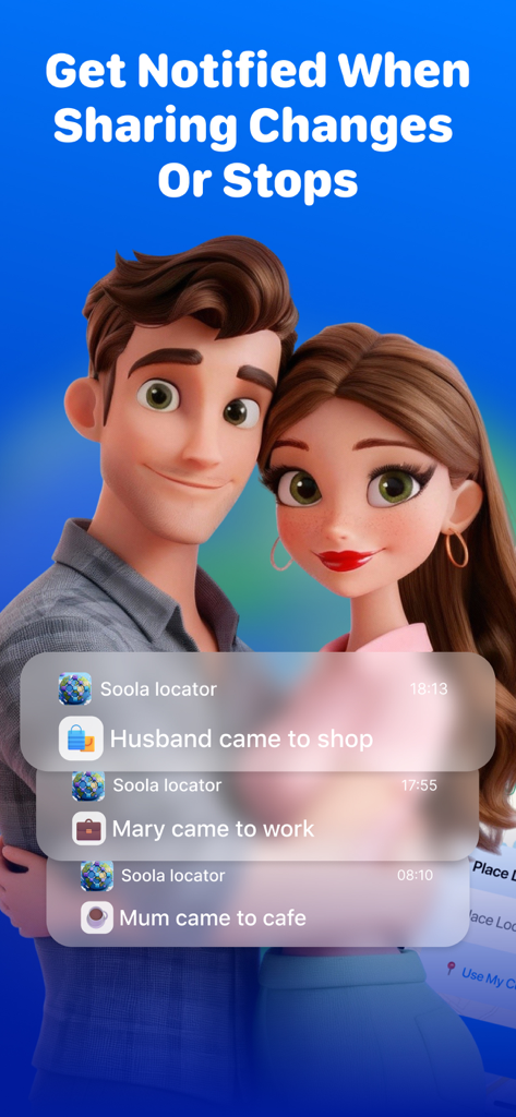 Location Tracker: My Friends - Soola app notifications showing location arrival updates for friends and family