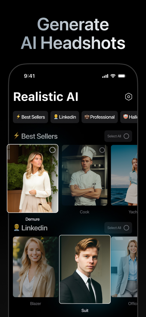 LinkedInプロファイル用のさまざまなプロフェッショナルAIヘッドショットスタイルを表示するモバイルアプリインターフェイス