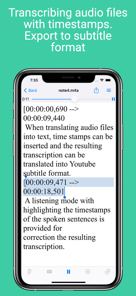 Voice Notebook - audio to text - Interfaz de la aplicación Voice Notebook que muestra la transcripción de audio con marcas de tiempo y opciones de exportación de subtítulos