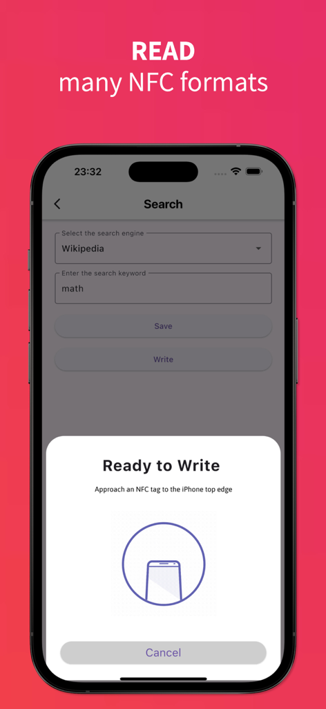 NFC Tools • - NFCタグへの書き込み準備完了プロンプトが表示されているNFC Toolsアプリインターフェースを示すスマートフォンのディスプレイ