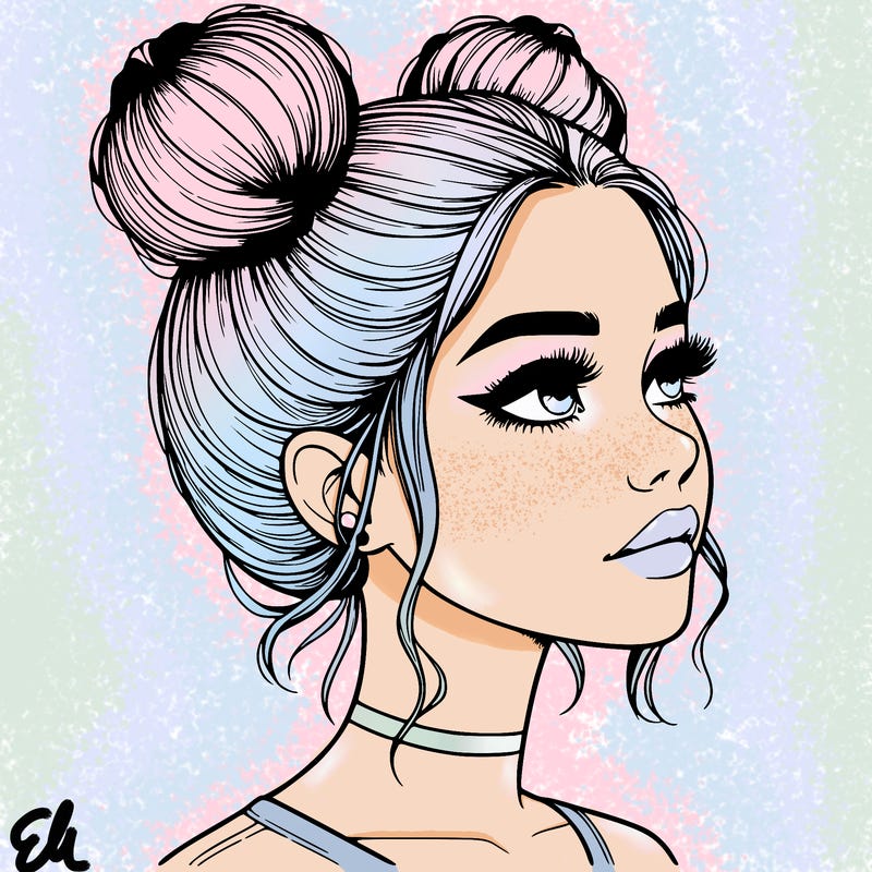 realistic girl with buns on the top of her head