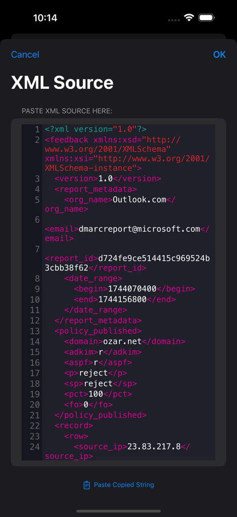 DMARC Aide - Interface for pasting and viewing raw DMARC XML report source code in the app