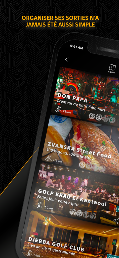 Ija mobile app interface showing a list of local restaurants and bars with distance information