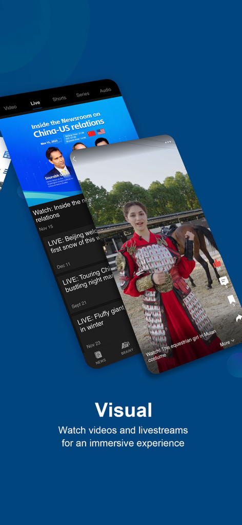 China Daily app interface showcasing news videos and cultural livestreaming content