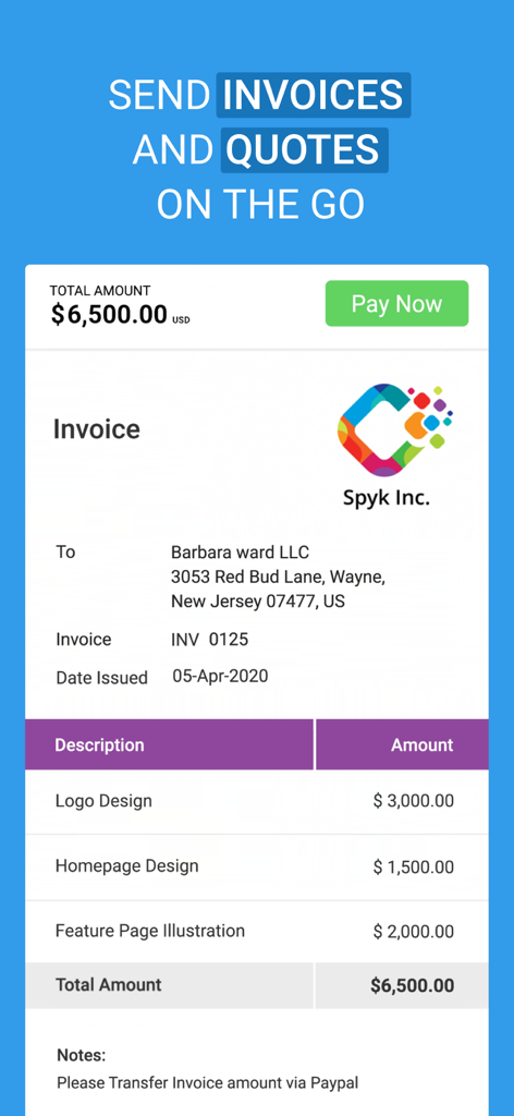 A professional digital invoice displayed on the Avaza mobile app interface