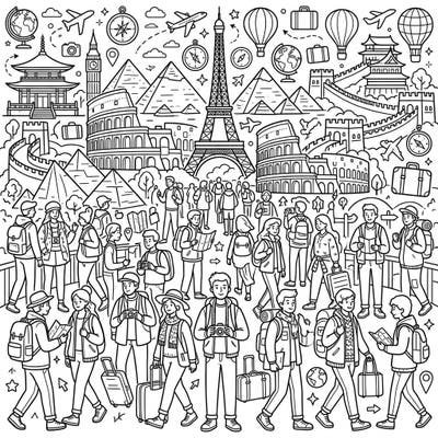 This captivating coloring page invites you on a vibrant journey through the world's most famous destinations, bustling with energetic tourists. Discover iconic landmarks and hidden travel gems as you bring this global adventure to life with your favorite colors.