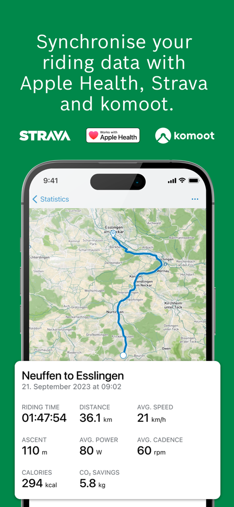 Smartphone-Bildschirm mit eBike-Fahrstatistiken und einer Routenkarte mit Logos für Strava, Apple Health und Komoot-Integrationen