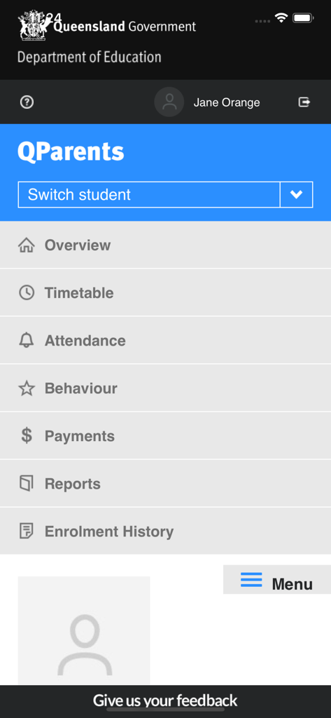 Main menu of the QParents mobile app showing options for student timetable attendance and behavior