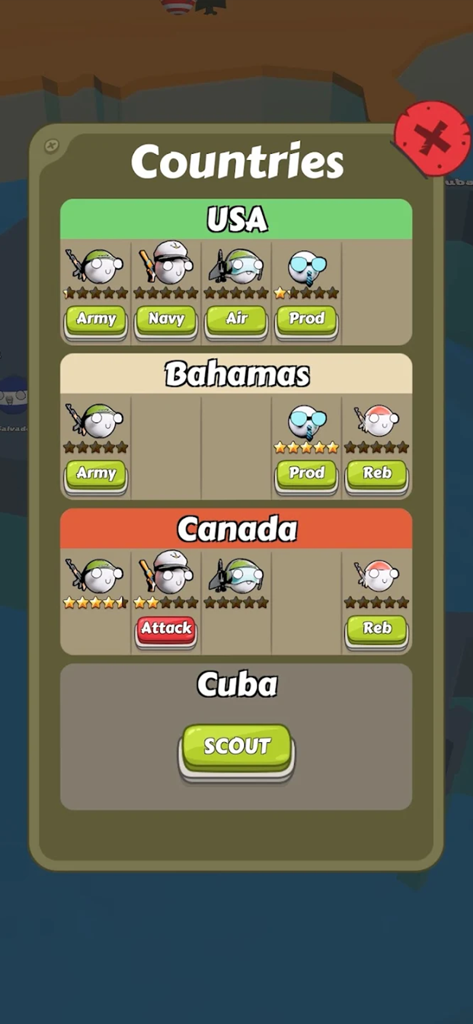Menú que muestra las estadísticas de unidades de EE. UU., Bahamas y Canadá en Country balls Idle War 3D