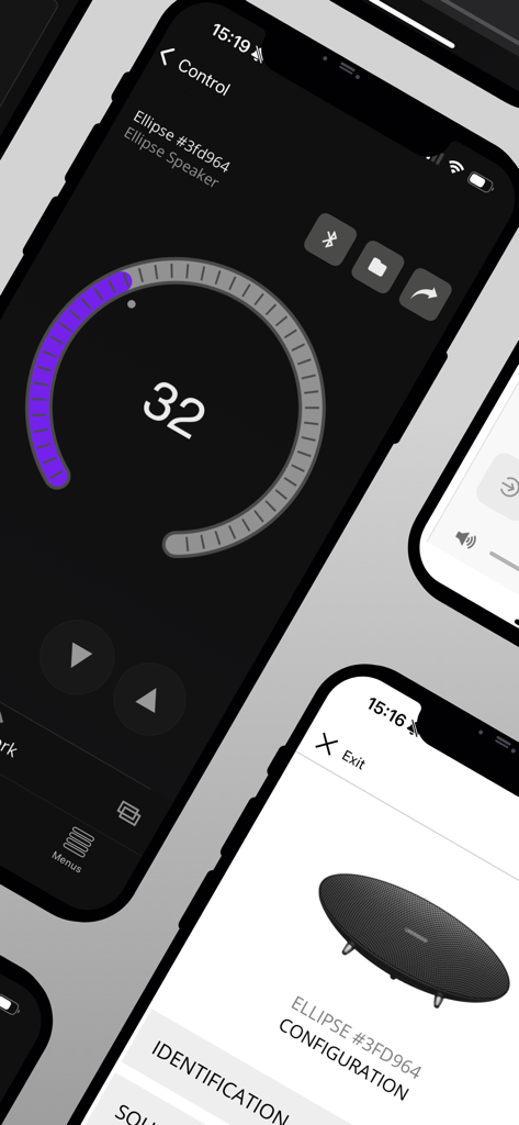 Meridian Control - Meridian Control app interface on iPhone displaying audio volume control and speaker setup options.