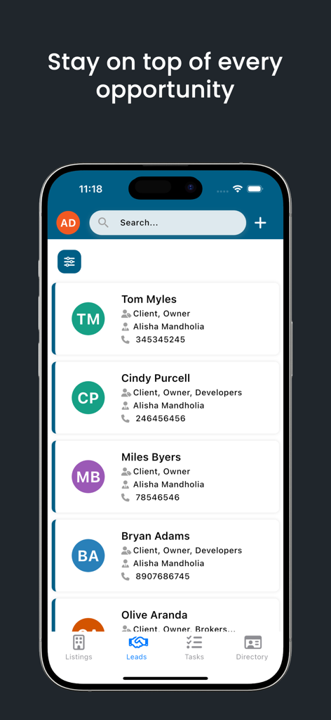 REAP CRM mobile app displaying a list of real estate leads and contact information on an iPhone screen