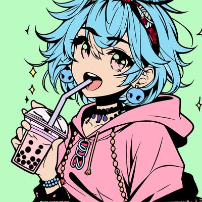 hot baddie anime girl drinking boba and biting the straw